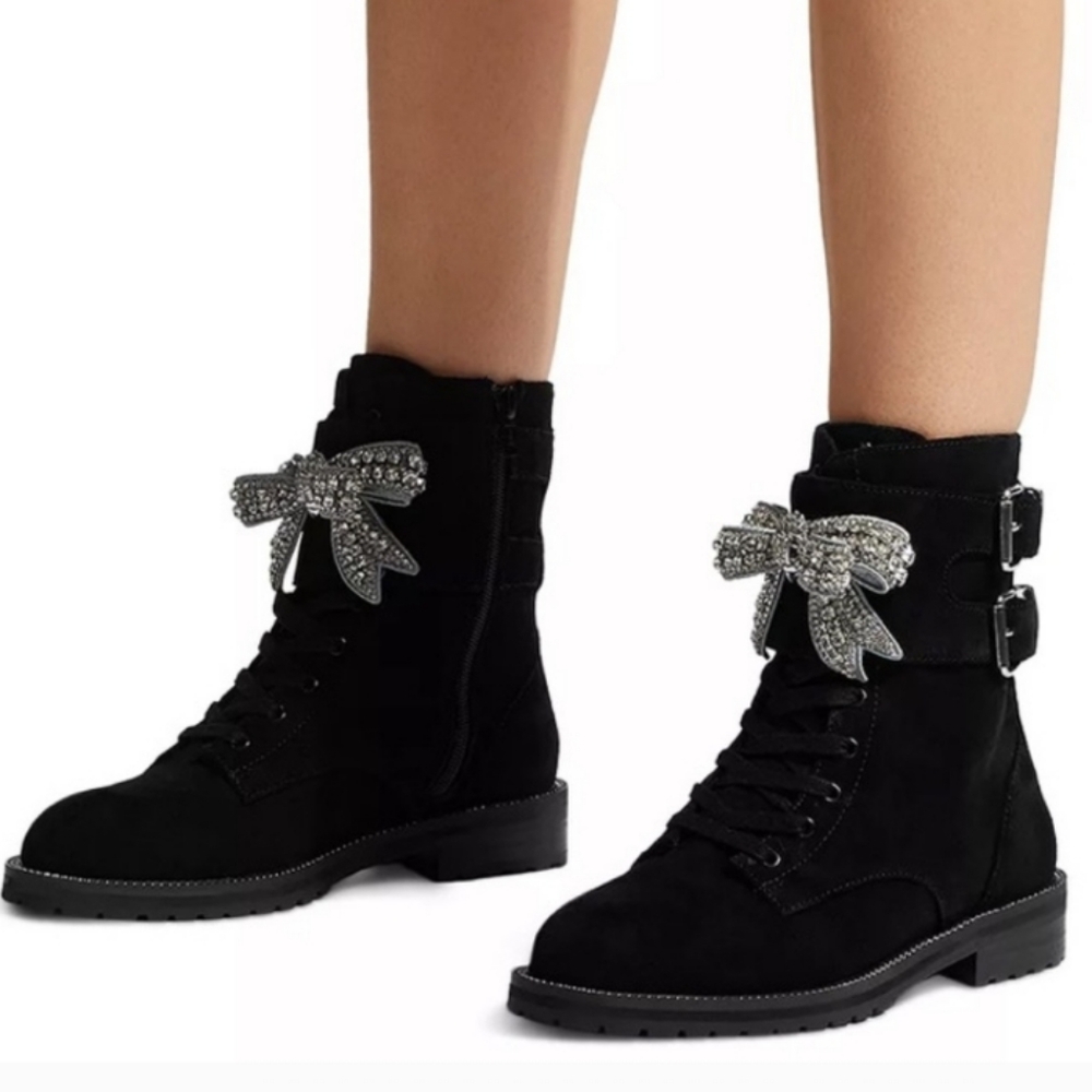 Kurt Geiger LondonSutton Buckle Crystal Bow Suede Combat Bootie